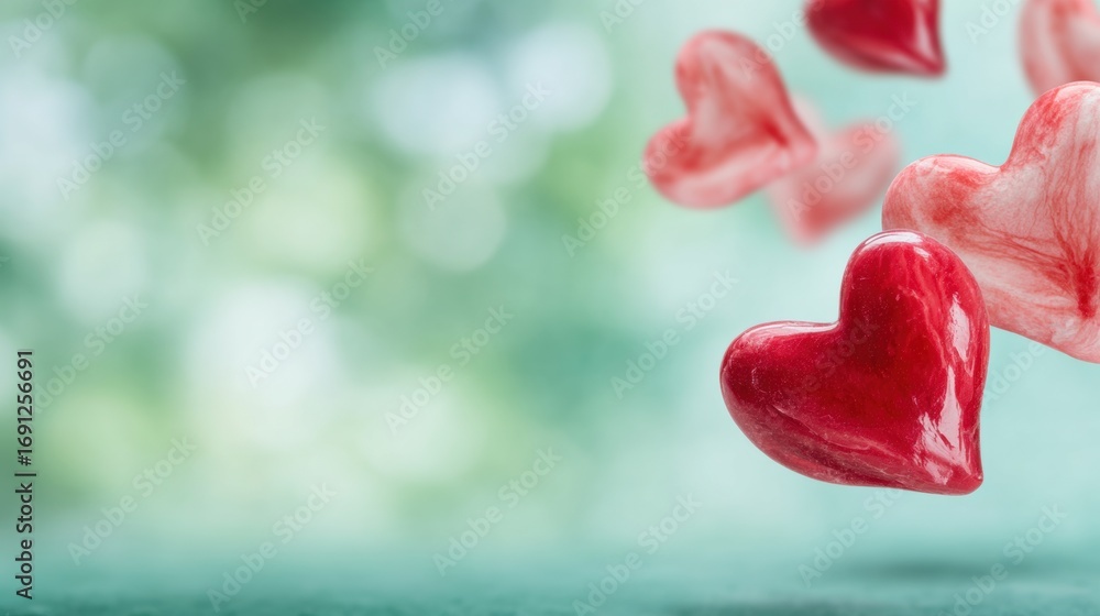 Poster floating red hearts create a romantic atmosphere in soft backgrounds