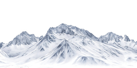 Snow covered mountain range peaks isolated on a transparent background 