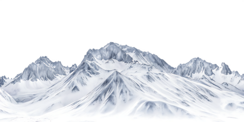 Snow covered mountain range peaks isolated on a transparent background 