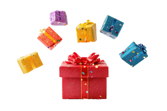 Red gift box opened with many small colorful wrapped gifts and confetti floating on a white background