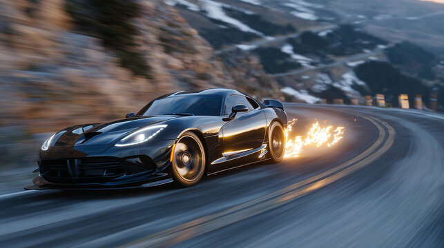 Fast-paced black sports car sliding through mountain switchback, glowing exhaust flames and blurred motion conveying raw racing energy