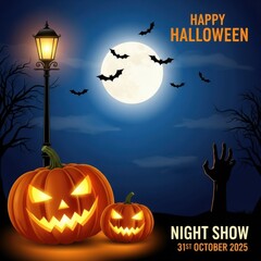 Happy halloween night show with pumpkins, bats, and a full moon