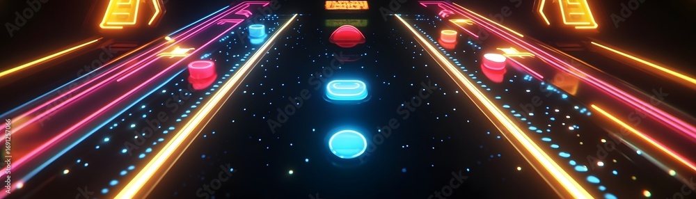 Poster a vibrant, futuristic interface with glowing neon lines and interactive elements.