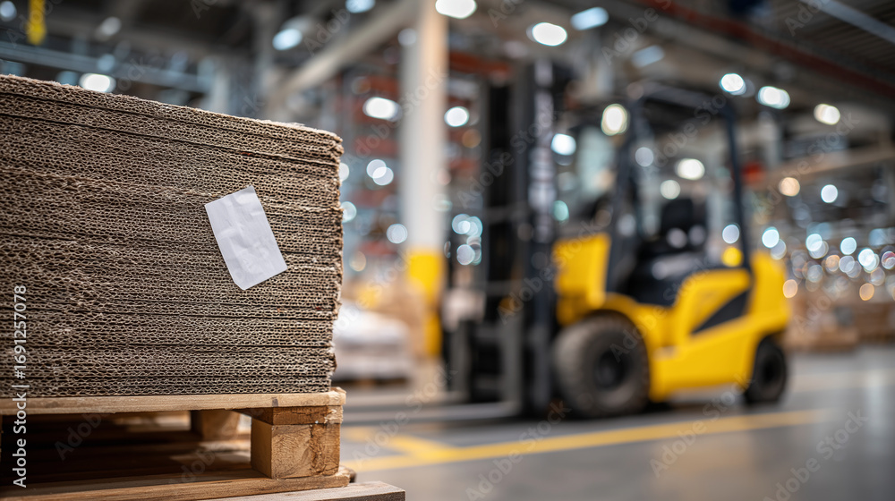 Poster macro shot of corrugated cardboard texture on a labeled box, forklift passing by in blurred backgrou