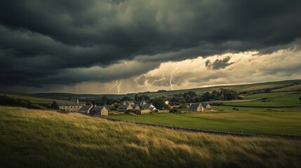 Naklejka premium A Stormy Landscape Overlooking a Serene Village Amidst Dark Clouds and Rolling Hills