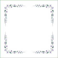 Vegetal ornamental frame with green leaves and purple flowers, bluebells, decorative border, corners for greeting cards, banners, business cards, invitations, menus. Isolated vector illustration.	