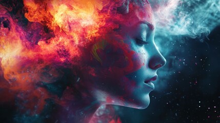 Stunning Portrait of a Woman with Cosmic Colors and Ethereal Effects in Digital Art Style