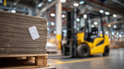 Macro shot of corrugated cardboard texture on a labeled box, forklift passing by in blurred background within busy warehouse environment