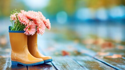 Bright flowers in yellow rain boots on a wet wooden surface in autumn