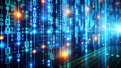 Dynamic digital rain of blue binary code cascades, illuminating futuristic technology and data flow.