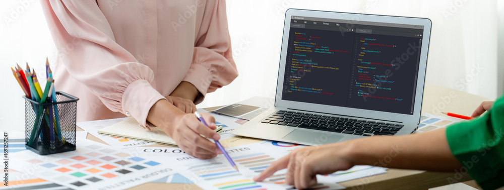 Poster software development programming on computer screen for brisk application and program coding