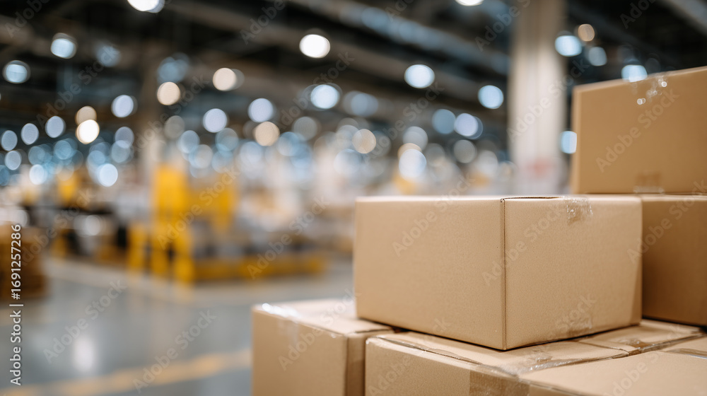 Poster high-resolution detail of stacked boxes, corner of one cardboard box sharp in foreground, blurred pe