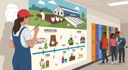 Illustration depicting a student painting a mural about the evolution of agriculture on a school