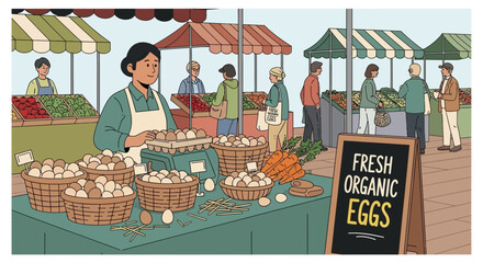 Illustration of a vibrant farmers market scene with fresh eggs and local produce display