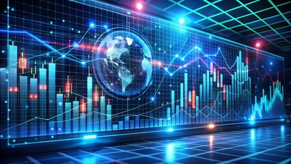 Dynamic global financial market data visualization with glowing charts and planet Earth