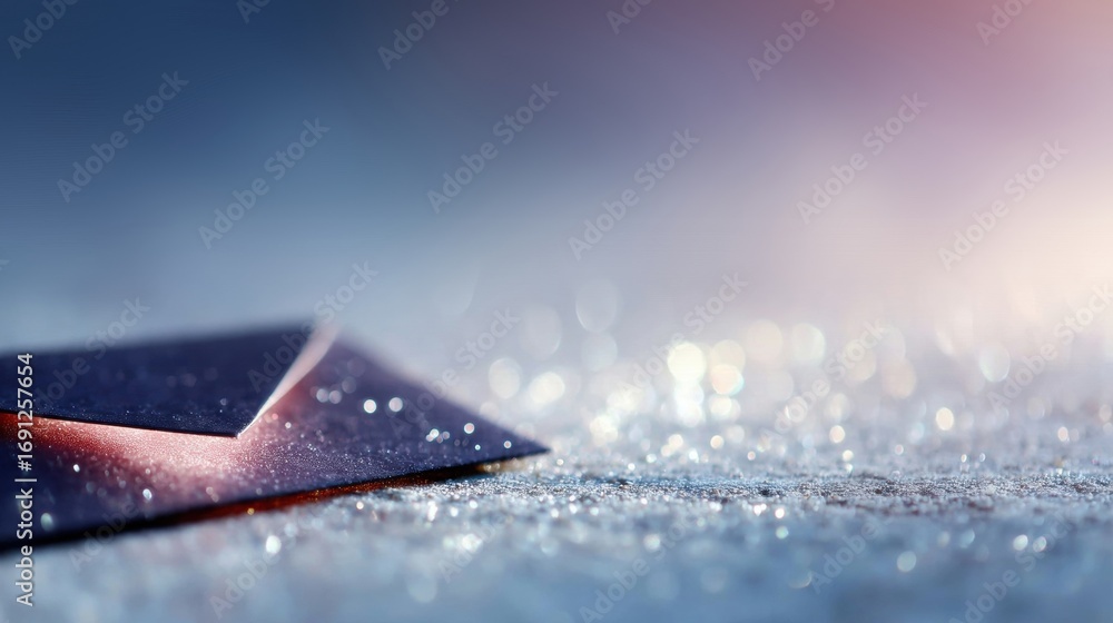 Poster envelope resting on a glittering surface in soft lighting during twilight