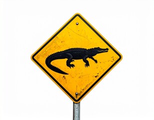 Vivid warning sign alerts drivers and pedestrians to potential alligator or crocodile presence in natural habitats, emphasizing safety precautions in wetland areas with clear visual warning.