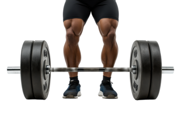 Muscular man prepares for barbell deadlift exercise, showcasing powerful legs in athletic attire on a white background, demonstrating gym fitness