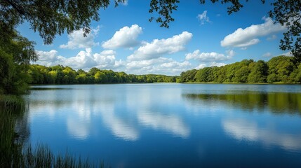 Fototapeta premium A Beautiful Calm Lake Under Blue Skies and Fluffy Clouds in a Peaceful Natural Setting