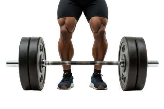 Muscular man prepares for barbell deadlift exercise, showcasing powerful legs in athletic attire on a white background, demonstrating gym fitness