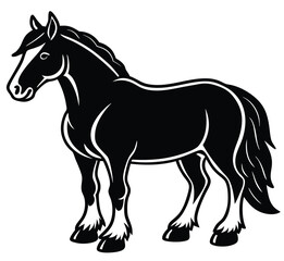 A vector illustration of a running black horse silhouette, isolated on white with its wild mane and tail in motion