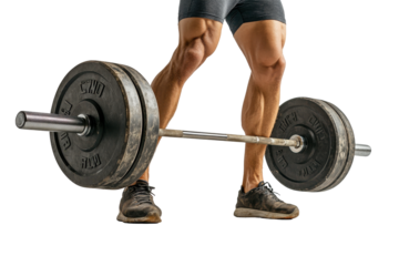 Muscular man prepares for barbell deadlift exercise, showcasing powerful legs in athletic attire on a white background, demonstrating gym fitness