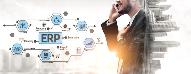 A professional businessman engages in a phone call, surrounded by an innovative ERP concept illustration, symbolizing efficiency in business operations. Tessel