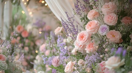 A dreamy floral display, featuring soft pinks, lavenders, and whites, creates a romantic ambiance.