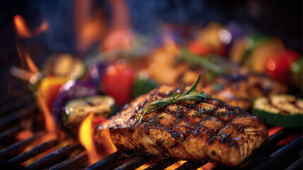 Grilled fish and vegetables on fire barbecue, flames flickering around edges, smoke rising in swirls, golden-brown cooking textures visible