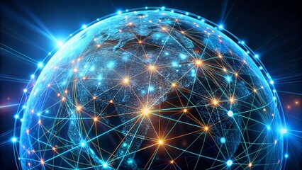 Dynamic global network visualization connecting continents with vibrant digital light streams and glowing nodes.
