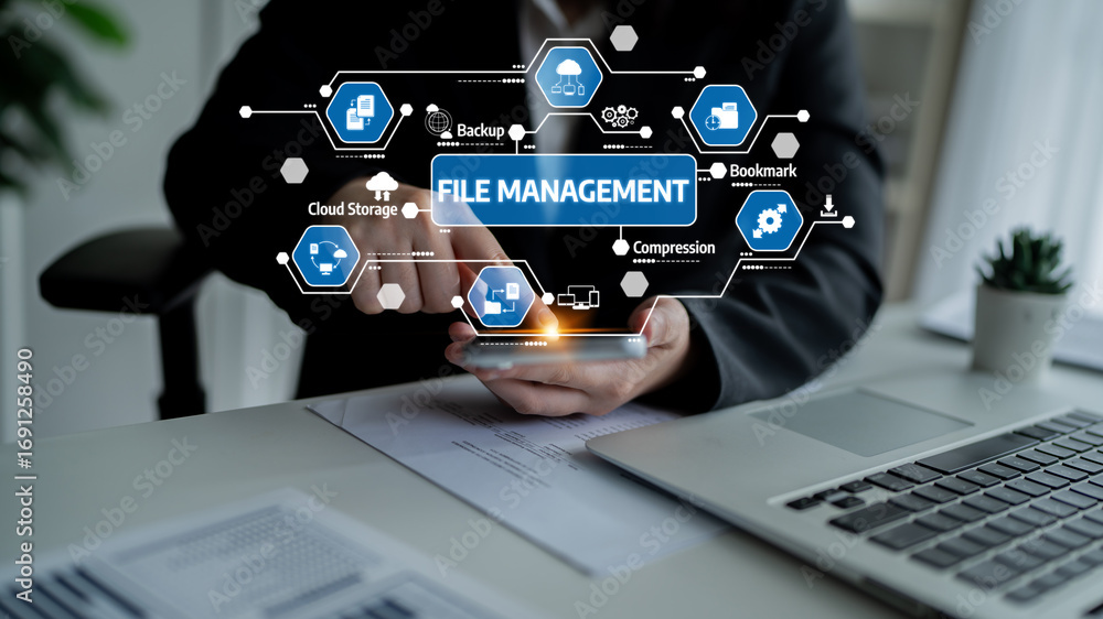 Poster a person using a smartphone to engage with a modern file management system featuring various icons r