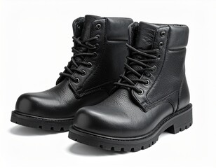 A pair of classic black leather men's work boots with rugged soles for autumn or winter, isolated on a white background.