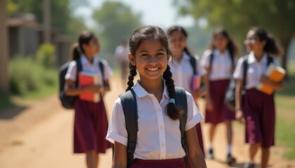 Group of teenage schoolgirls in school uniforms standing in formation outdoors during golden hour