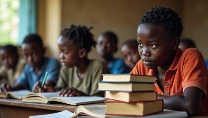 Group of students studying in a classroom with textbooks