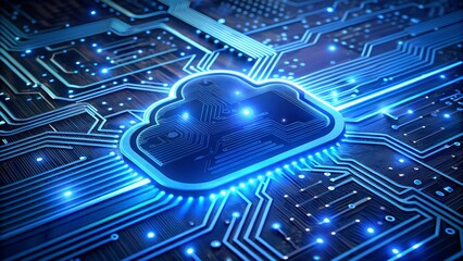 Stunning blue cloud icon illuminates intricate digital circuitry with vibrant glowing data streams