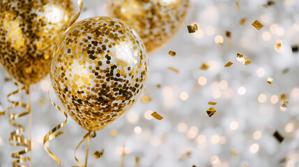 Close-up of helium golden balloons, intricate reflections on balloon surfaces, scattered confetti, and gently curling ribbons for luxurious festive look