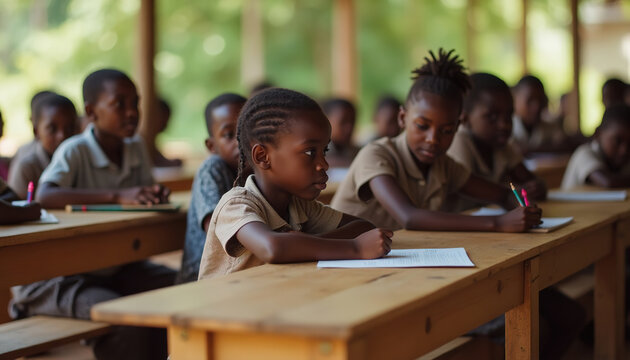 Group of African schoolchildren in classroom during lesson learning together with notebooks and books