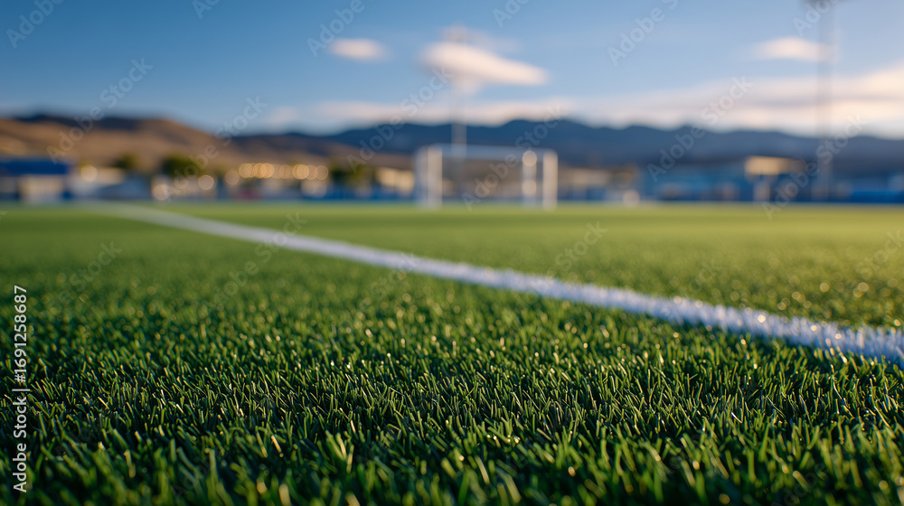 Poster macro perspective of artificial grass fibers, sunlight casting subtle shadows, soccer goal and runni
