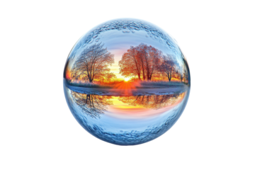 Sunset over the field with barren trees reflected on water surface inside a crystal ball against white background, conceptual and dreamy