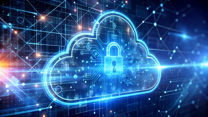 Secure digital cloud network with glowing padlock and data streams, representing cybersecurity and connectivity