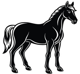 A vector illustration of a running black horse silhouette, its mane and tail flowing