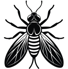 Close-up macro vector illustration of a yellow wasp, a hairy black fly, and a bee with wings on a white background