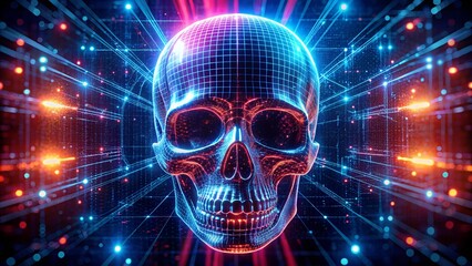 Futuristic digital skull illuminated with neon blue and red grid lines and glowing particles creating a cybernetic network