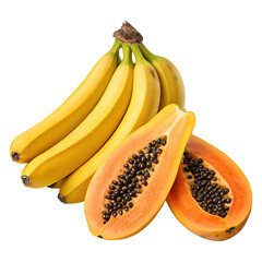 Fresh Bananas & Papaya Isolated on White Background