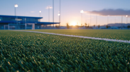 Vibrant green synthetic grass close-up, sun illuminating texture, modern sports complex with soccer goals in gentle blur