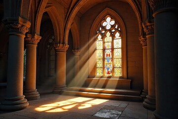 Obraz premium Serene sunlight streams through stained glass windows in a spiritual sanctuary, illuminating ancient stone architecture The scene evokes peace and contemplation , cathedral, old