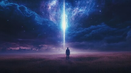 Fototapeta premium A lone figure stands under a stunning cosmic beam in a vast dark space. The stars shimmer as the light cuts through the clouds above.