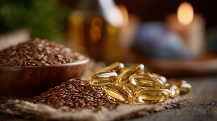 Omega-3 capsules scattered beside flax seeds and fish, emphasizing natural sources, warm and inviting lighting