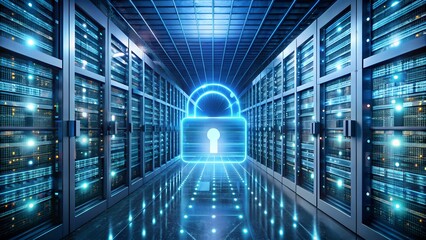 Secure your digital future with this stunning glowing padlock symbolizing data protection in a futuristic server room.