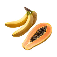 Fresh Bananas & Papaya Isolated on White Background